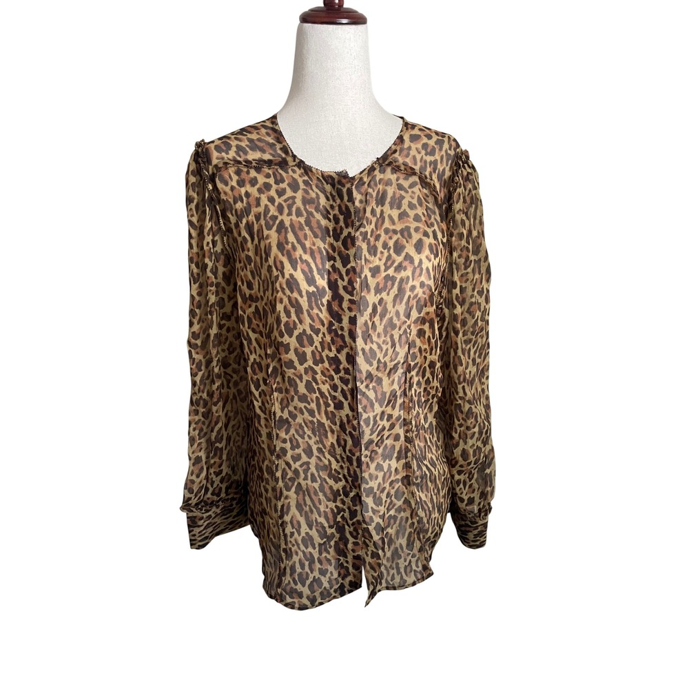 J.Crew Collection Leopard Print 100% Silk Chiffon Button Down Sheer Top Work 12